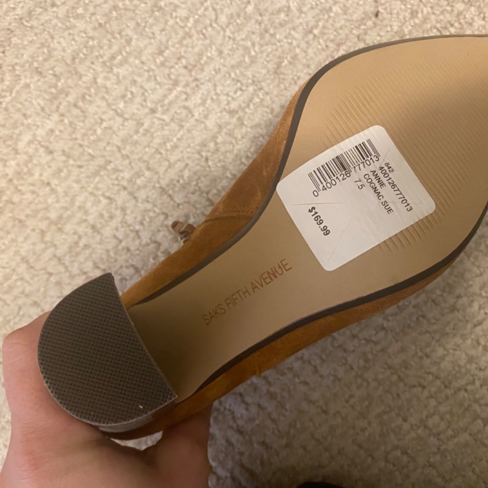 Saks Fifth Avenue Tan Suede Pointed Toe Block Heel Ankle Boots - Picture 6 of 9